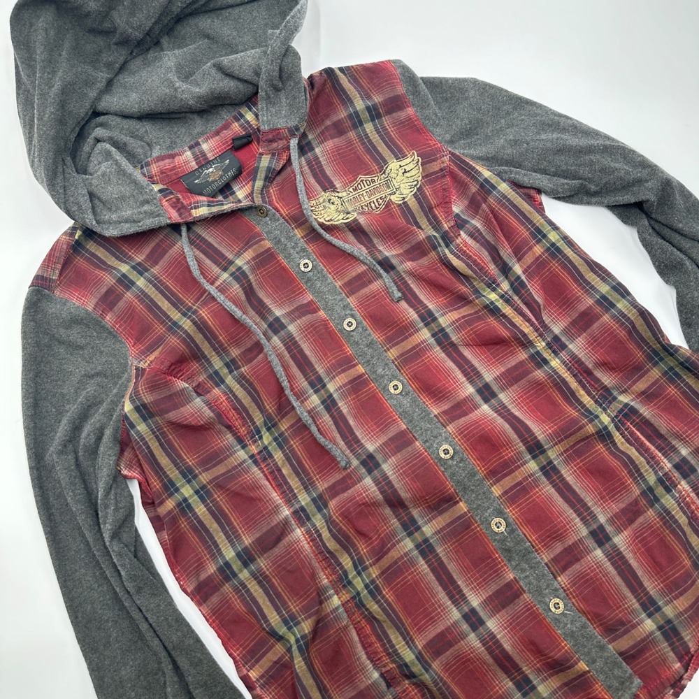 Harley-Davidson Hooded Flannel Shirt Womens M Red Plaid Excellent Biker Core